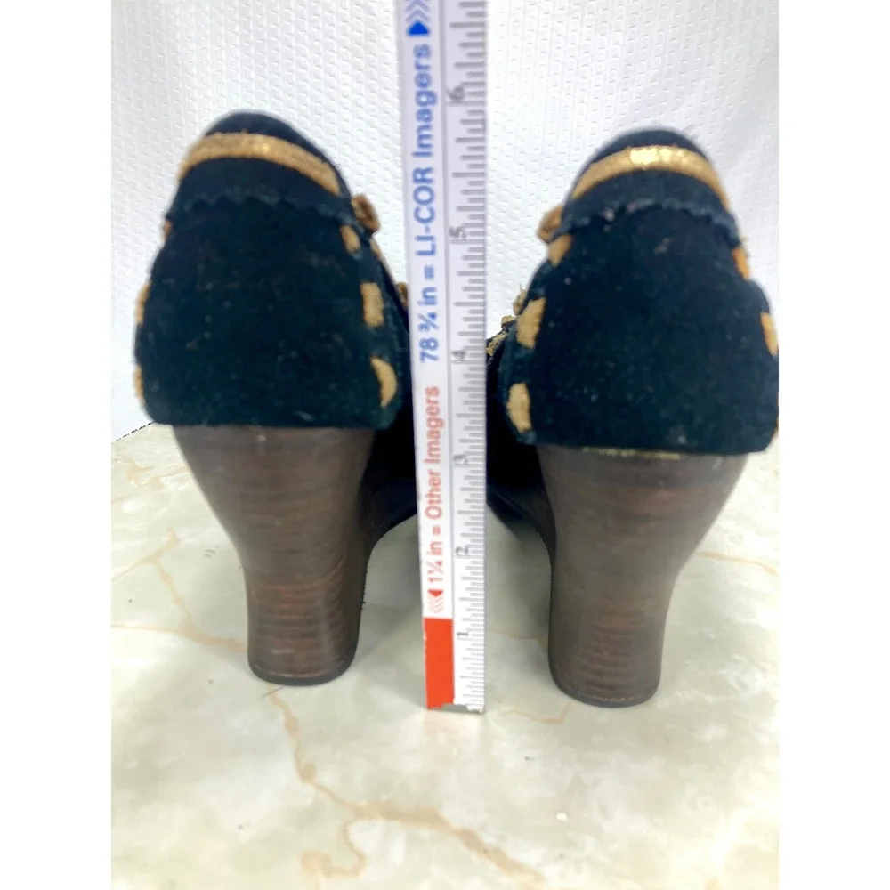 Sam Edelman Studded Fringe Moccasin Wedge Heels Womens 7.5 Black Leather Western